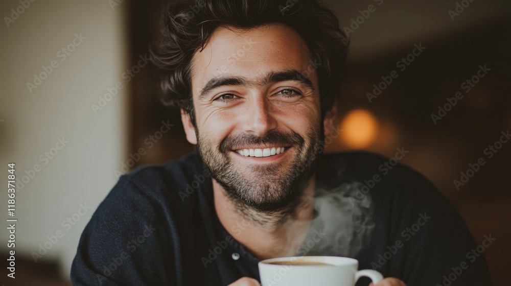 Morning Coffee Cheer: A handsome man with a charming smile enjoys a warm cup of coffee, radiating a sense of contentment and starting his day with positivity. Morning Coffee Cheer: A handsome man with a charming smile enjoys a warm cup of coffee, radiating a sense of contentment and starting his day with positivity.