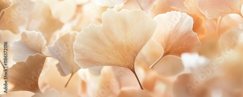 Ginkgo biloba leaves, soft pastel tones, nature background, floral design, beige and cream colors, ideal for wellness and tranquility themes Delicate and ethereal composition