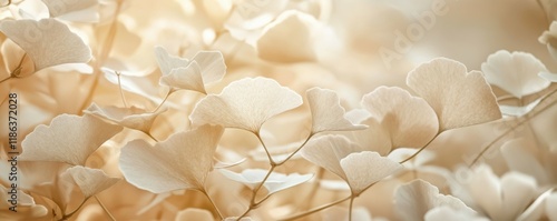 Ginkgo biloba leaves, soft pastel tones, nature background, floral design, beige and cream colors, ideal for wellness and tranquility themes Delicate and ethereal composition
