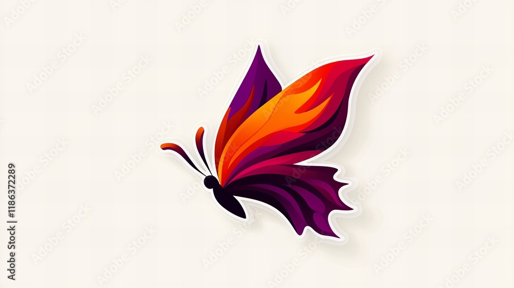 Obraz premium Vibrant abstract butterfly design. Intricate wings in shades of orange, purple, and red against a soft white background.