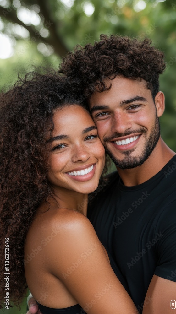 Smiling young hispanic couple embracing in outdoor garden setting Smiling young hispanic couple embracing in outdoor garden setting