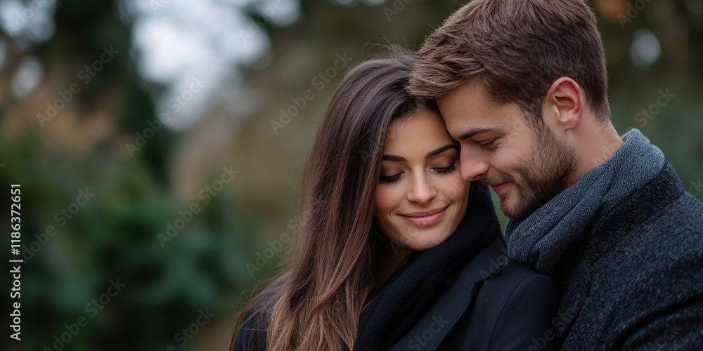 Young caucasian couple embracing in nature with loving smiles on a chilly day Young caucasian couple embracing in nature with loving smiles on a chilly day