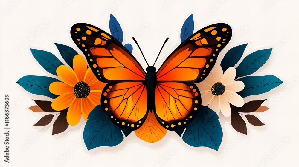 Obraz premium Vibrant monarch butterfly surrounded by colorful flowers and leaves. A beautiful illustration of nature's artistry.