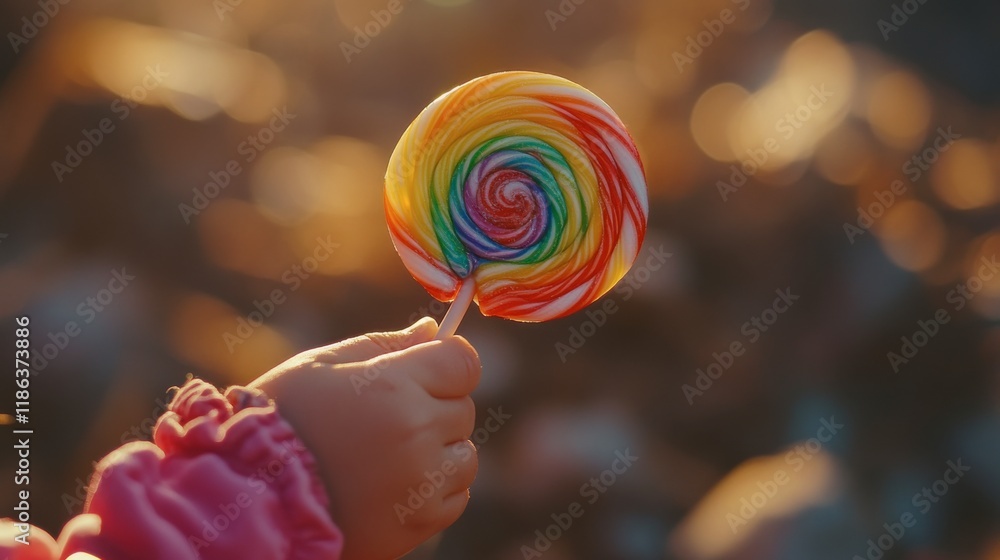 Sweetest Treat: A close-up shot of a child's hand holding a colorful lollipop against a blurred background, evoking a sense of childhood joy and innocent delight. Sweetest Treat: A close-up shot of a child's hand holding a colorful lollipop against a blurred background, evoking a sense of childhood joy and innocent delight.