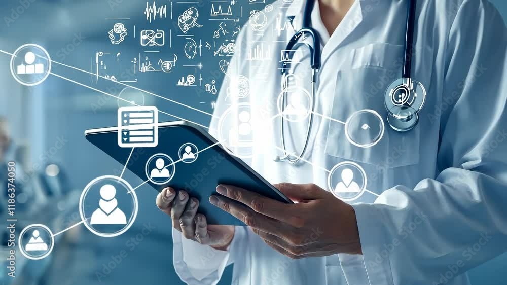 Doctor using digital tablet with medical data visualization Doctor using digital tablet with medical data visualization