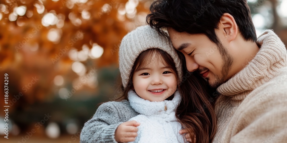 Obraz premium Asian father and daughter enjoy autumn day outdoors with smiles and warm clothing