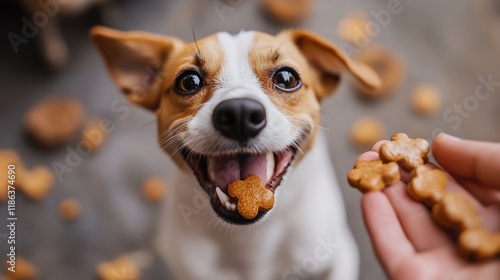 Happy dog eating treats, floor background, pet food photo