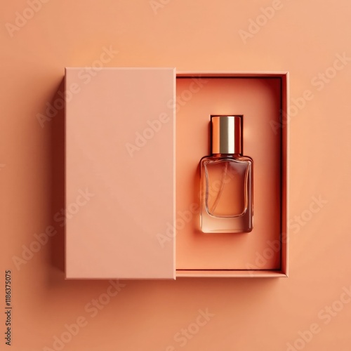 warm peach colored box with a tiny perfume bottle, gift, perfume, decorative