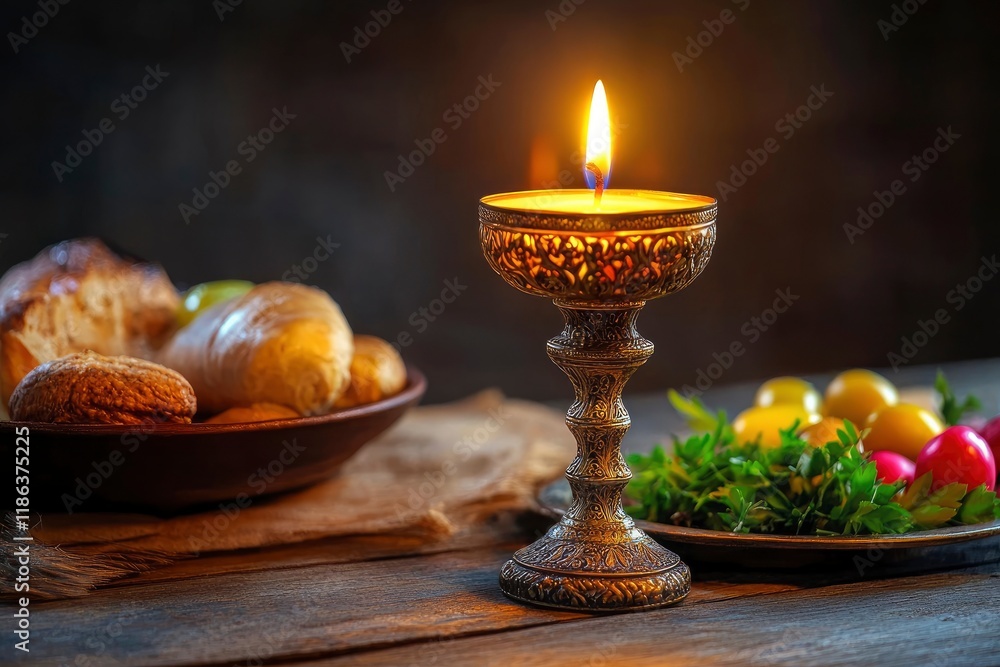 Obraz premium Holy Week, End, Palm Sunday, Good Friday, Easter Sunday Concept. Orthodox food in Great Christian Lent, Lenten food on a wooden table against the background of Orthodox icons. a lighted candle in lamp