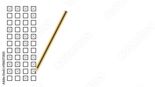 Yellow pencil marking a grid of black checkboxes with some boxes crossed out