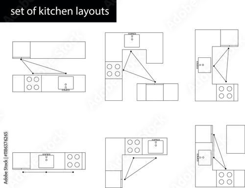 Top-down view of furniture for kitchens designed for use in architectural plans and layouts. Ideal for designers and architects looking for detailed vector drawings furniture.