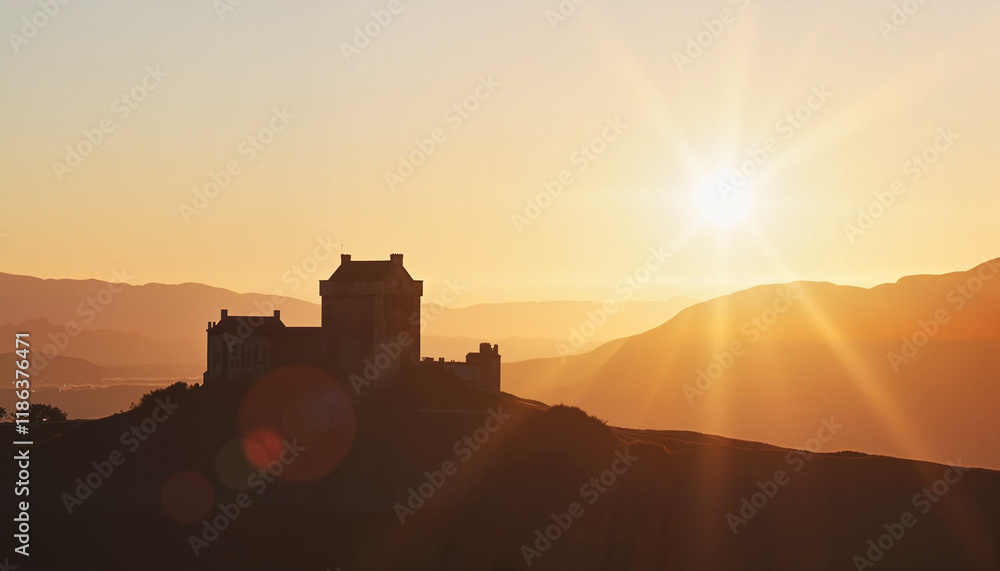 Fototapeta premium Sunset over a silhouette of an ancient castle on a hill