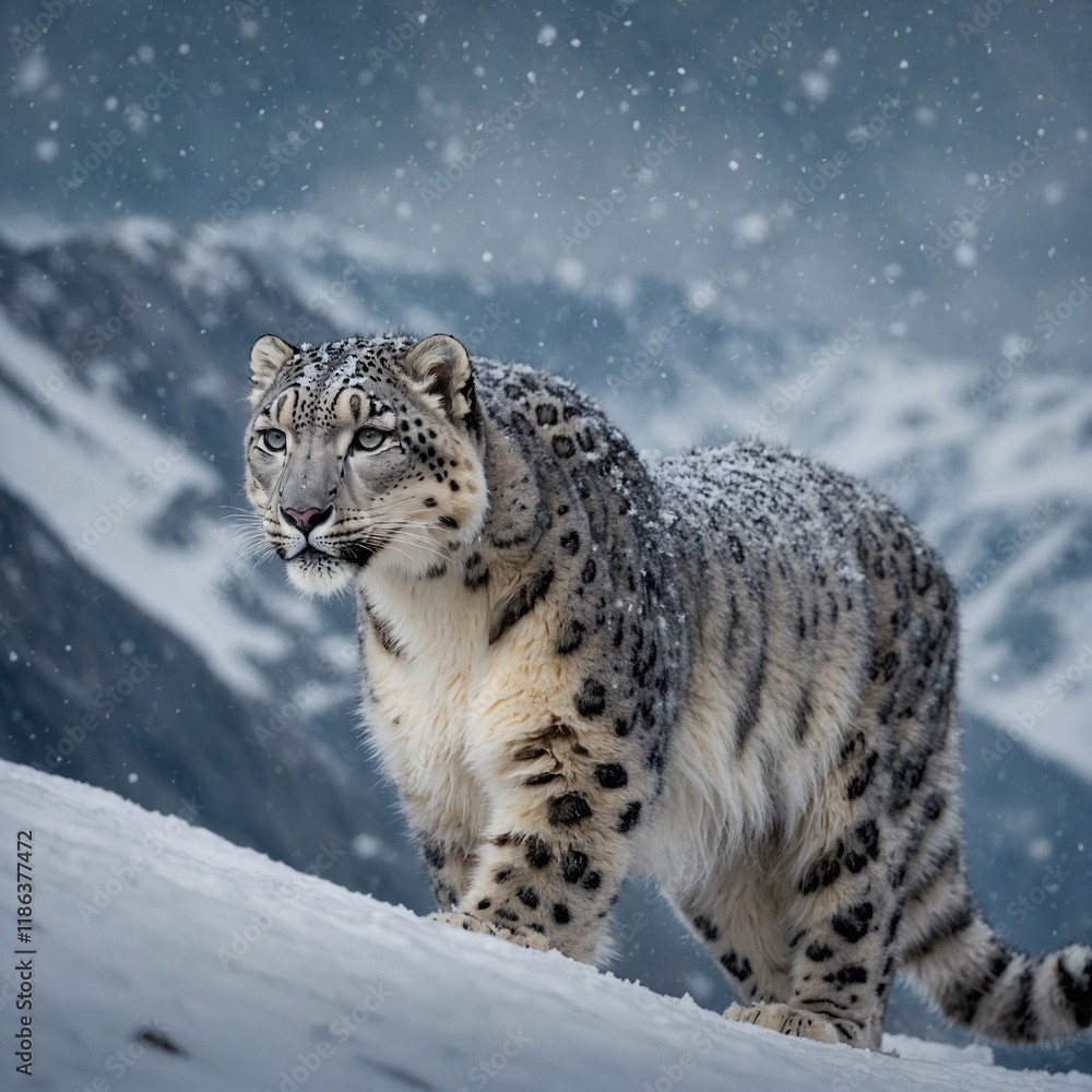 A snow leopard stalking through a frosty mountain range with swirling snowflakes. A snow leopard stalking through a frosty mountain range with swirling snowflakes.