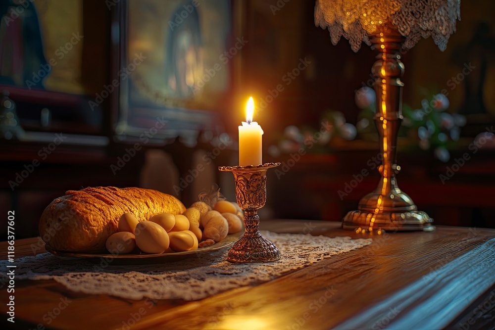 Obraz premium Holy Week, End, Palm Sunday, Good Friday, Easter Sunday Concept. Orthodox food in Great Christian Lent, Lenten food on a wooden table against the background of Orthodox icons. a lighted candle in lamp