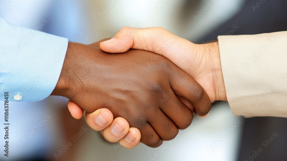 Handshake: Two hands, one black and one white, clasp in a firm handshake, symbolizing unity, partnership, and collaboration in a professional setting. Handshake: Two hands, one black and one white, clasp in a firm handshake, symbolizing unity, partnership, and collaboration in a professional setting.