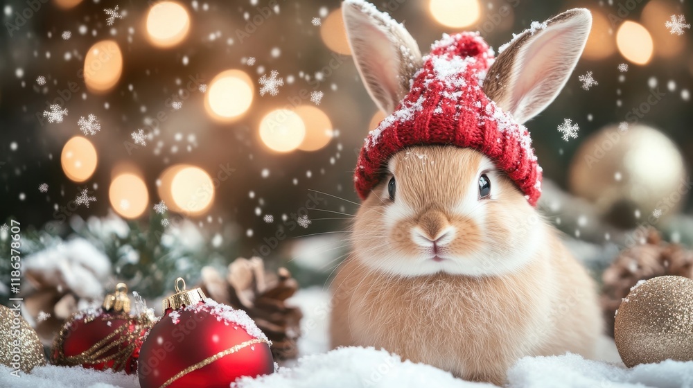 Adorable bunny wearing red hat in snowy winter setting Adorable bunny wearing red hat in snowy winter setting