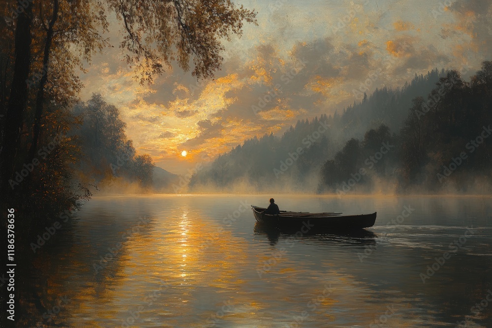 Solitary figure rows boat, sunset lake, misty forest. Solitary figure rows boat, sunset lake, misty forest.