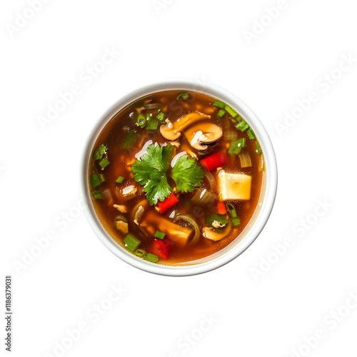 Hot and Sour Soup with Fresh Herbs and Chili transparent on istocoated background photo