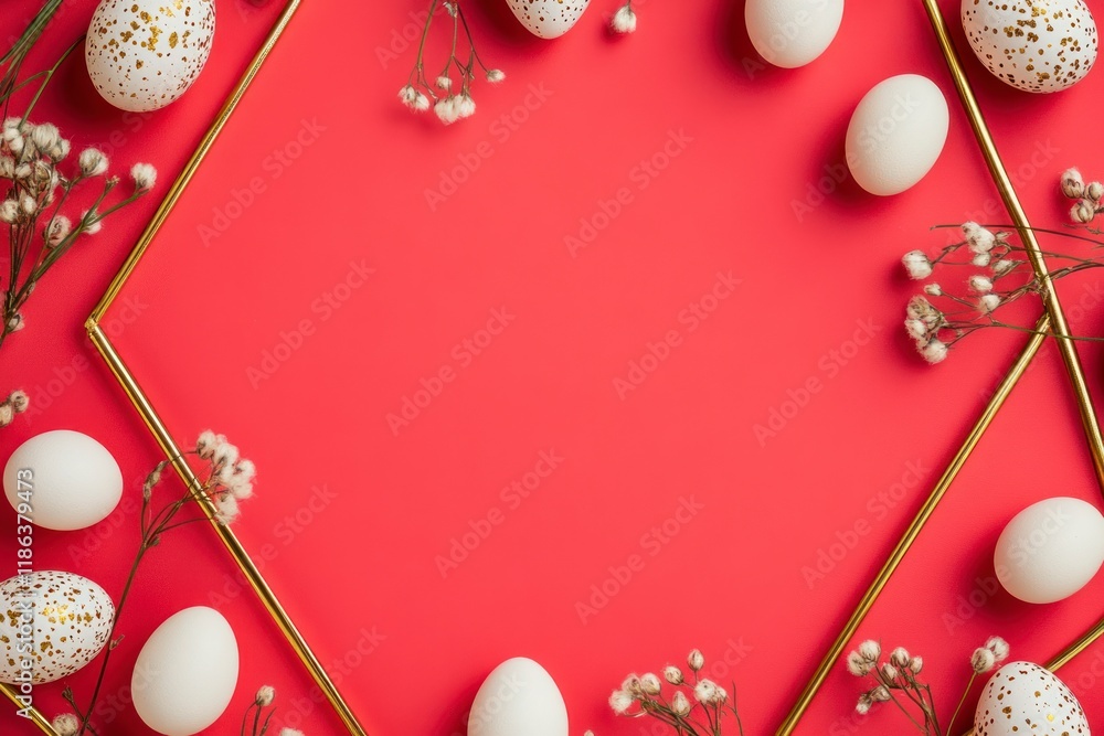 Simple and Minimalist Easter Frame with Decorative Eggs and Flowers on Vibrant Red Background for Celebratory Designs and Festive Occasions Simple and Minimalist Easter Frame with Decorative Eggs and Flowers on Vibrant Red Background for Celebratory Designs and Festive Occasions