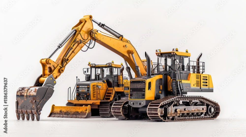 Excavator and bulldozers on white background, showcasing mechanical details, hydraulic arms, tracks, and wheels in bright lighting. Excavator and bulldozers on white background, showcasing mechanical details, hydraulic arms, tracks, and wheels in bright lighting.
