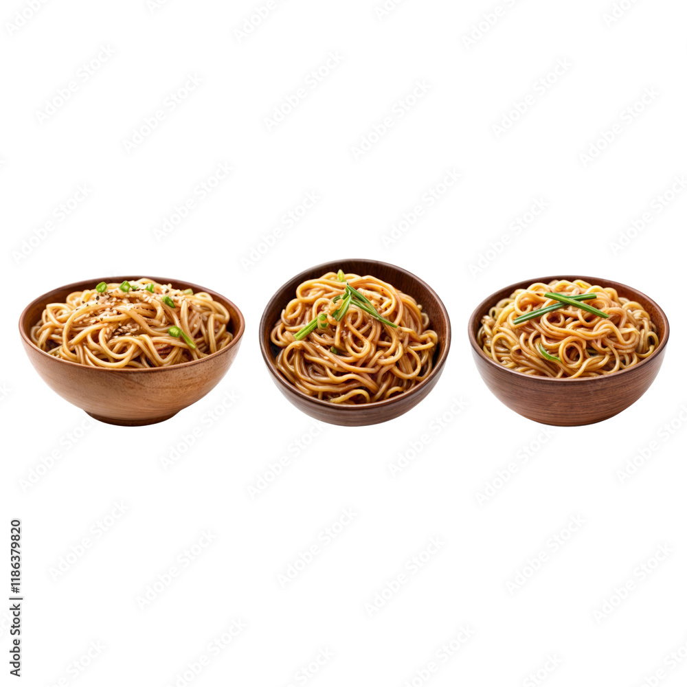 Three Bowls of Noodles: A close-up shot of three bowls of noodles, a delicious and comforting meal ready to be enjoyed. The noodles are perfectly cooked and the broth is rich and flavorful. Three Bowls of Noodles: A close-up shot of three bowls of noodles, a delicious and comforting meal ready to be enjoyed. The noodles are perfectly cooked and the broth is rich and flavorful.
