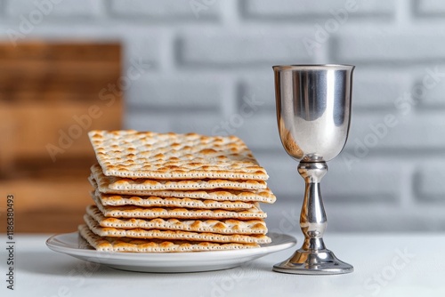 Red kosher wine and a white plate of matzah or matza, along with a Passover Haggadah, are displayed on a vintage wood background, offering a Passover seder meal with space for copy photo