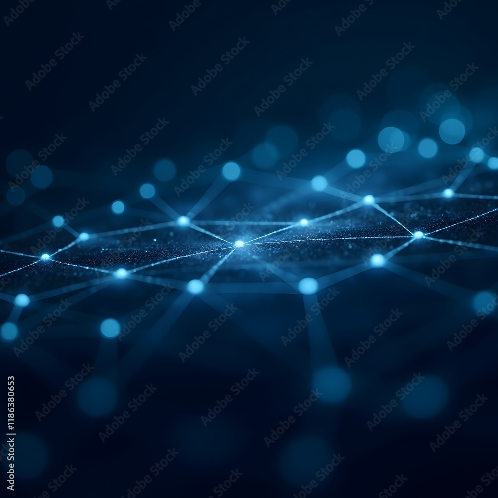 Fototapeta premium Artificial intelligence network. Abstract image of a digital network illuminated by blue light, showing interconnected nodes and lines on a dark background.