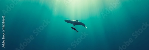 Sunlight streaming through the surface of a deep blue ocean, illuminating a mother whale and her calf as they swim gracefully in the clear, tranquil waters photo