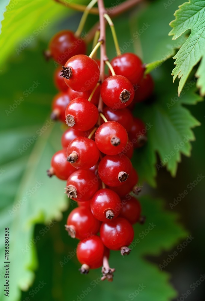 Red berries hang from branch with green leaves. Close up view of ripe red currants. Fresh organic fruit. Summer harvest. Healthy food. Garden fruit. Bunch of berries. Nature theme. Food photography. Red berries hang from branch with green leaves. Close up view of ripe red currants. Fresh organic fruit. Summer harvest. Healthy food. Garden fruit. Bunch of berries. Nature theme. Food photography.