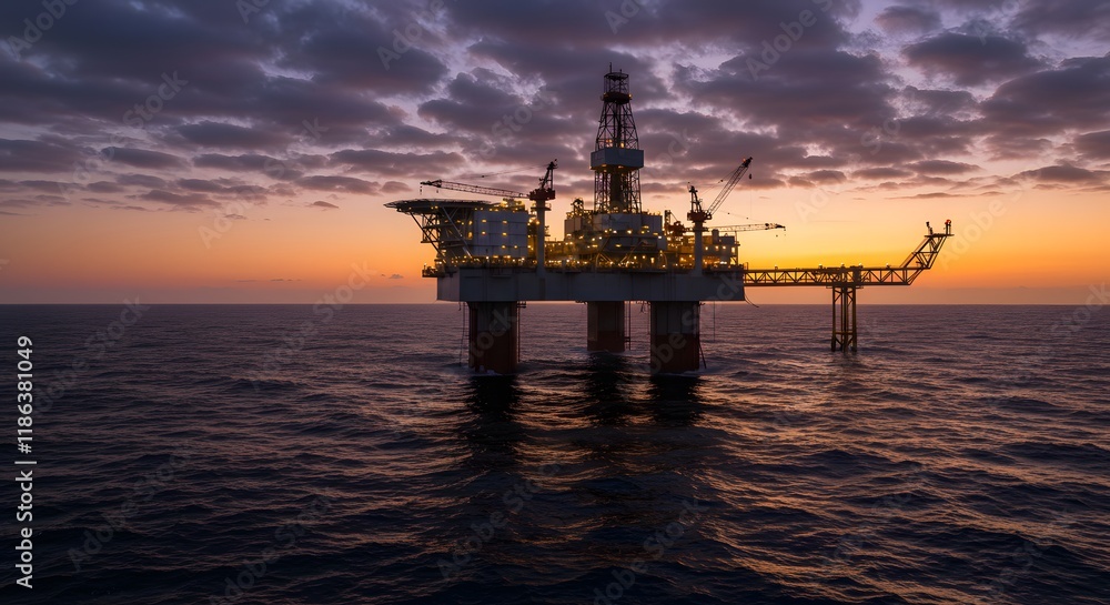 An offshore oil rig illuminated against a twilight sky with waves crashing below. Oil and Gas An offshore oil rig illuminated against a twilight sky with waves crashing below. Oil and Gas