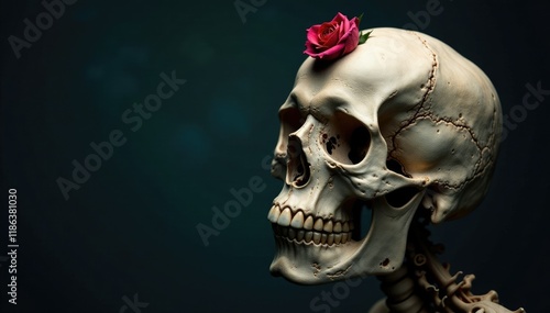 A skull with a rosebud emerging from its forehead, mysterious, surreal, botanicalhybrid photo