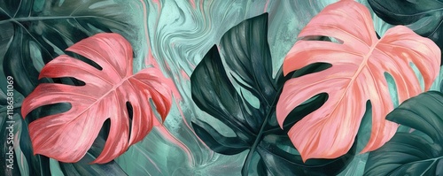 Green and pink tropical leaves with a marbled background, perfect for nature themes or botanical aesthetics Vibrant and colorful foliage, ideal for decorative