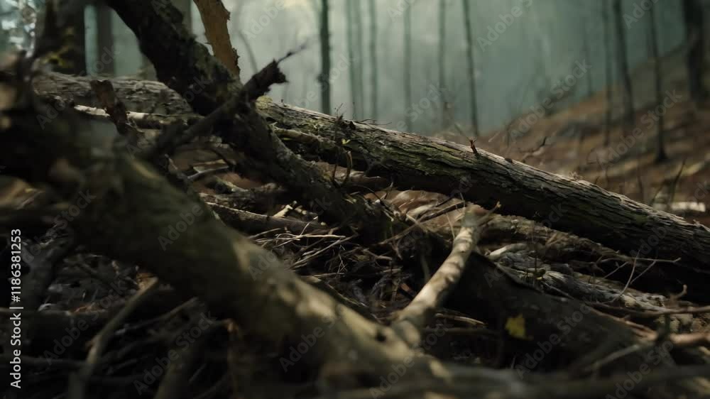 Cinematic dolly in video, close-up of forest debris with dramatic lighting, establishing scene, fallen branches and twigs, rough bark and earthy tones Cinematic dolly in video, close-up of forest debris with dramatic lighting, establishing scene, fallen branches and twigs, rough bark and earthy tones