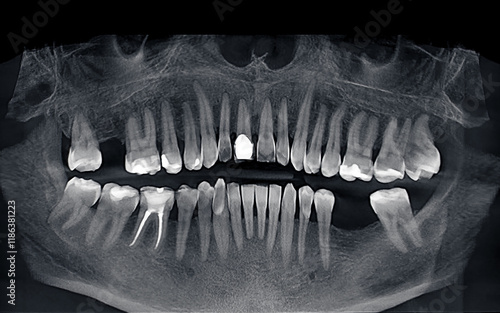Panoramic x-ray of human teeth. Human jaw and teeth through x-ray