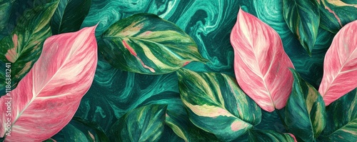 Green and pink tropical leaves with a marbled background, perfect for nature themes or botanical aesthetics Vibrant and colorful foliage, ideal for decorative