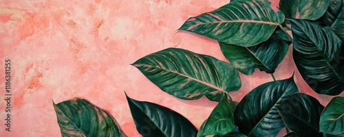 Green and pink tropical leaves with a marbled background, perfect for nature themes or botanical aesthetics Vibrant and colorful foliage, ideal for decorative