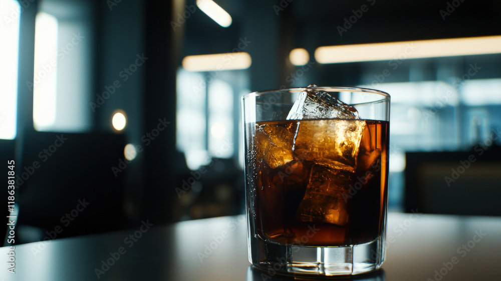 A glass of iced Americano with ice cubes, showcasing its dark, rich color. The glass has condensation, set against a modern office background with a minimalist design.
A glass of iced Americano with ice cubes, showcasing its dark, rich color. The glass has condensation, set against a modern office background with a minimalist design.