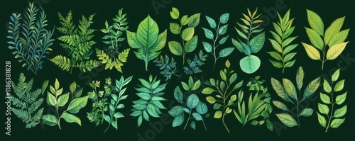 Green foliage arranged beautifully on a deep green background, showcasing a variety of plants and leaves, perfect for eco friendly concepts and nature themes