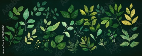 Green foliage arranged beautifully on a deep green background, showcasing a variety of plants and leaves, perfect for eco friendly concepts and nature themes