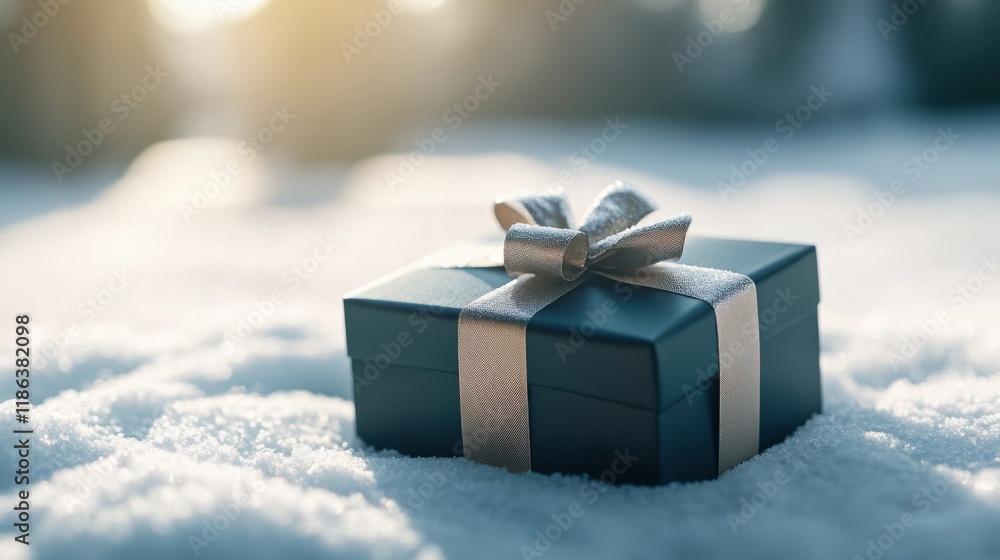 Gift in the Snow: A mysterious and magical gift wrapped in black paper with a silver ribbon sits atop a bed of pristine white snow. The sun glints off the delicate ribbon. Gift in the Snow: A mysterious and magical gift wrapped in black paper with a silver ribbon sits atop a bed of pristine white snow. The sun glints off the delicate ribbon.