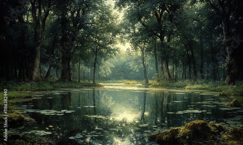 Serene forest pond, trees reflected in still water.