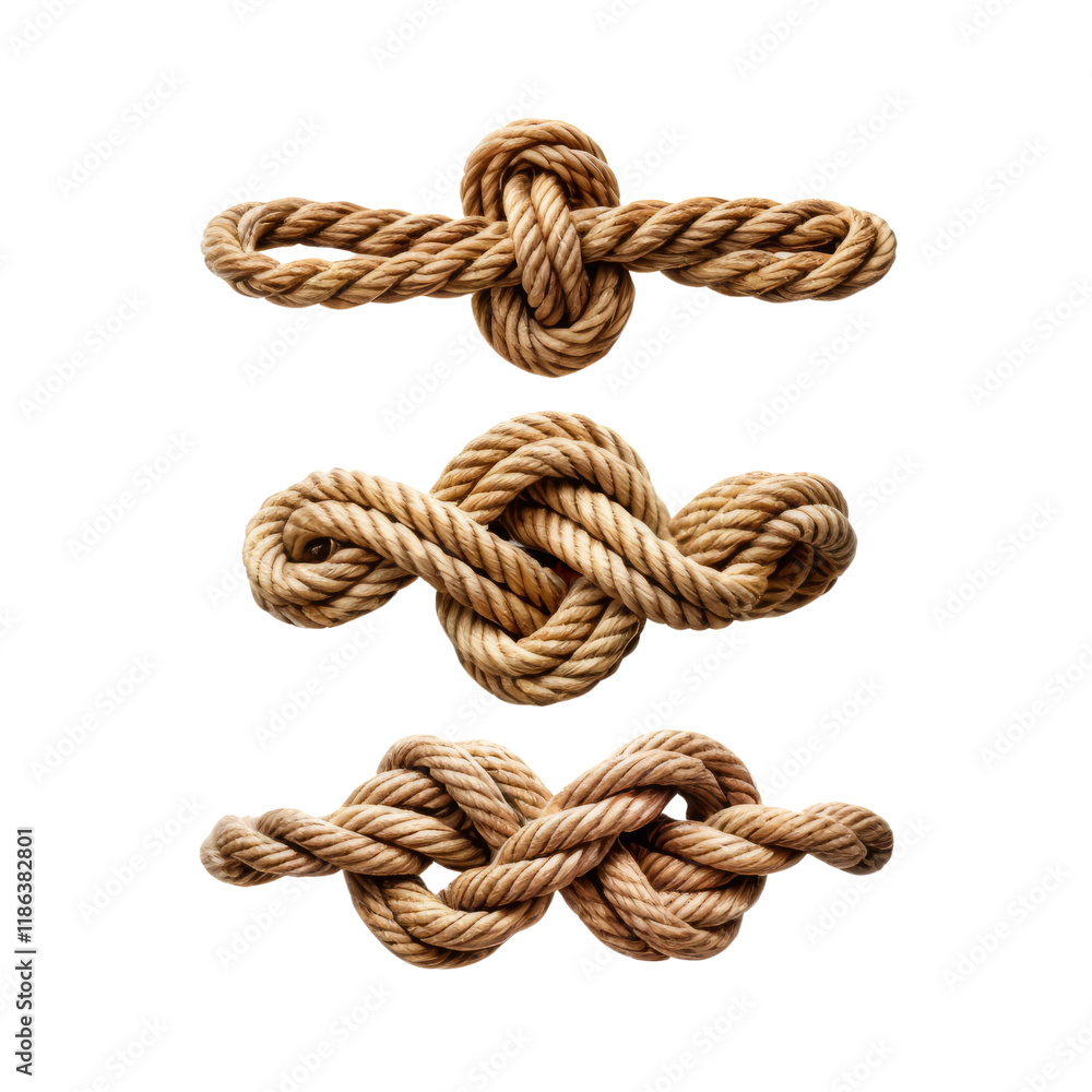 Rope Knots: A collection of three intricately tied rope knots, showcasing their unique patterns and textures. The knots are isolated against a clean background, making them perfect for graphic design. Rope Knots: A collection of three intricately tied rope knots, showcasing their unique patterns and textures. The knots are isolated against a clean background, making them perfect for graphic design.