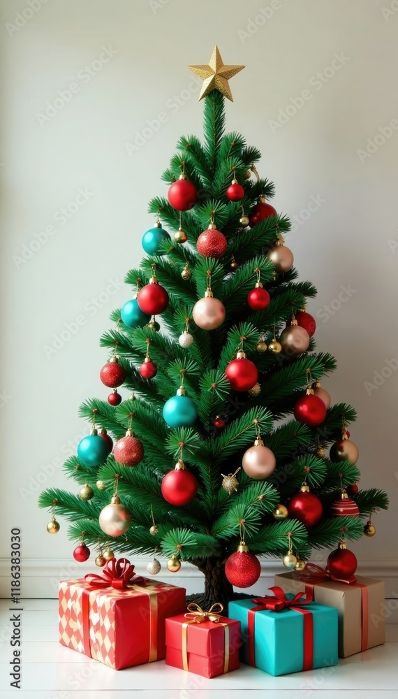 Christmas tree with colourful ornaments on simple light background, gift, evergreen, colorful Christmas tree with colourful ornaments on simple light background, gift, evergreen, colorful