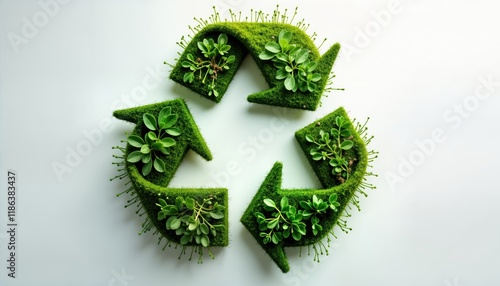 Eco symbol design. Green recycle symbol made of artificial plants, moss. Symbol on white background. Shows reuse, environmental care. Eco friendly design promotes recycling. Illustrative image of