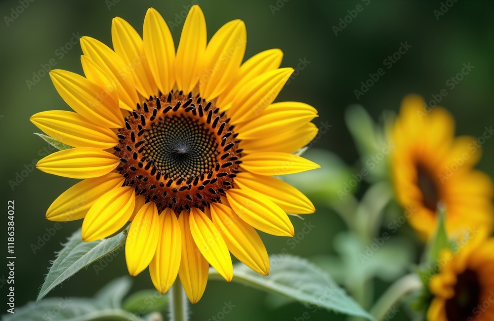 Close up view of bright yellow sunflower. Details of petals and dark center are visible. Natural beauty of summer flora. Plant in garden or field. Sunny day. Close up view of bright yellow sunflower. Details of petals and dark center are visible. Natural beauty of summer flora. Plant in garden or field. Sunny day.