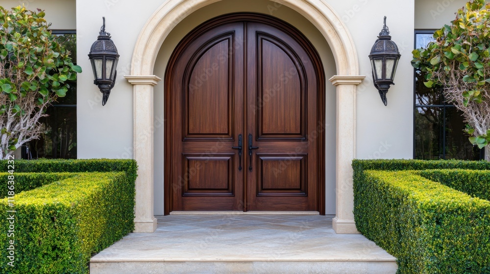 Elegant Wooden Front Doors with Contemporary Architecture and Greenery Elegant Wooden Front Doors with Contemporary Architecture and Greenery