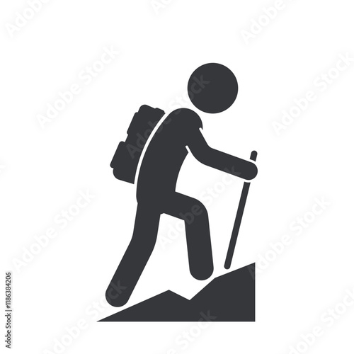 Person hiking up a mountain, carrying a backpack and holding a walking stick, isolated pictogram