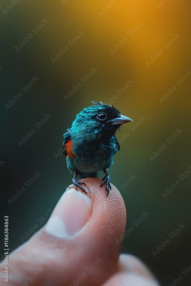 Obraz premium portrait photograph, a tiny Paradise tanager sitting on a human index finger, background is slightly out of focus, strong color contrast