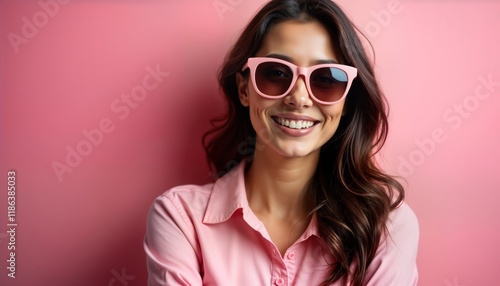 Wallpaper Mural Happy woman wears pink sunglasses, pink shirt against solid pink backdrop. Studio portrait. Confident, joyful expression. Natural beauty. Fashionable style. Youthful charm. Warm, bright colors. Torontodigital.ca