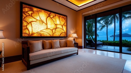Elegant Room with Cozy Couch and Scenic Ocean View at Sunset